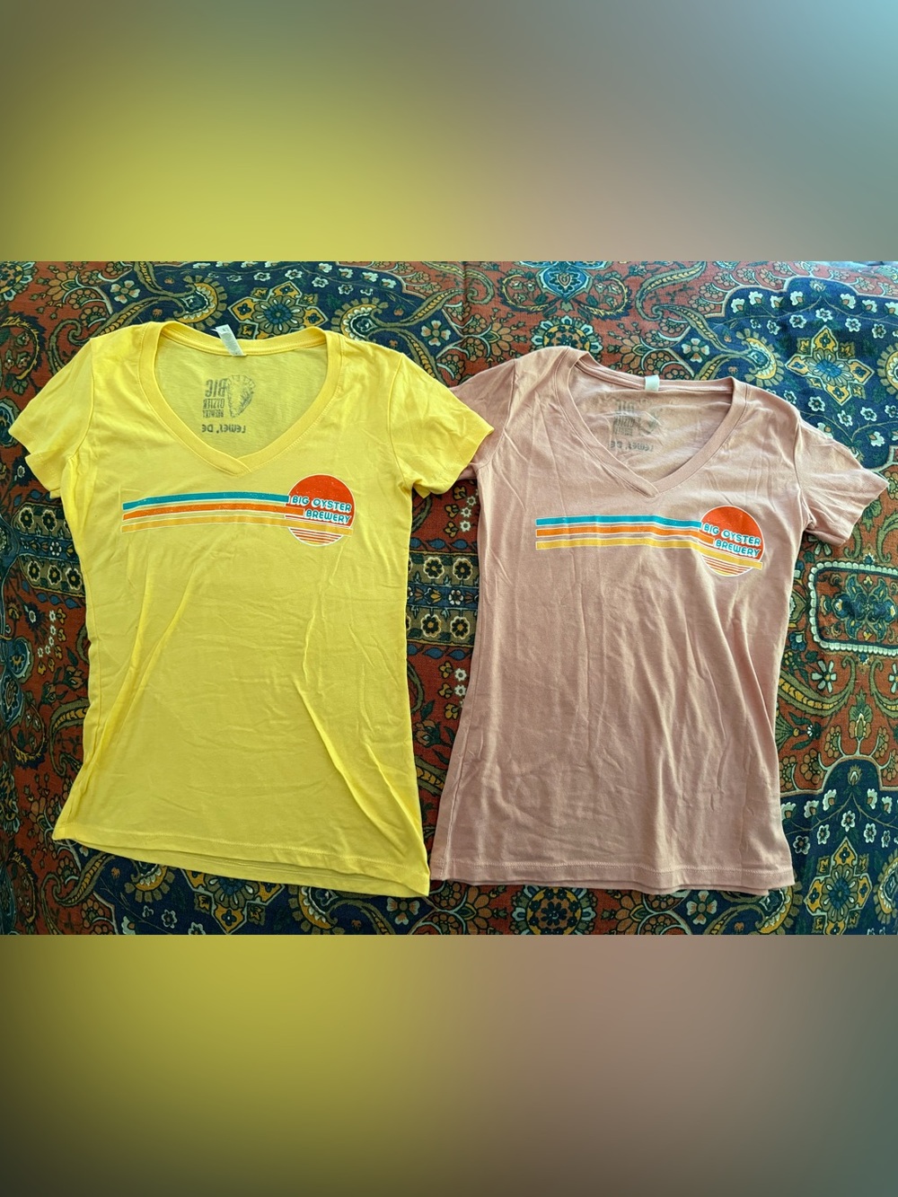 women’s fitted Big Oyster Brewery Lewis, DE Yellow and Dusty Pink V-Neck Tee Set